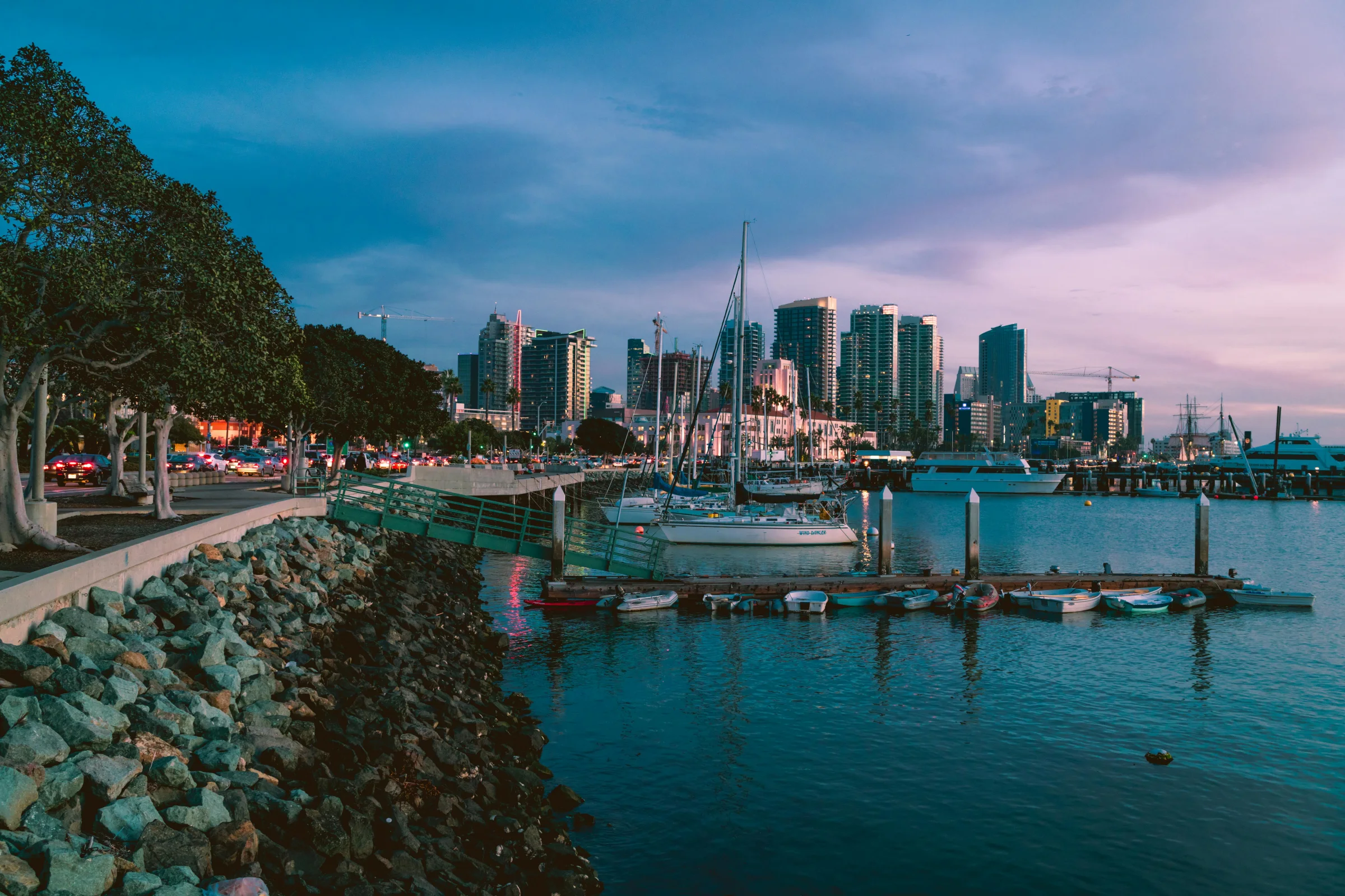 San Diego skyline and waterfront at sunset, California