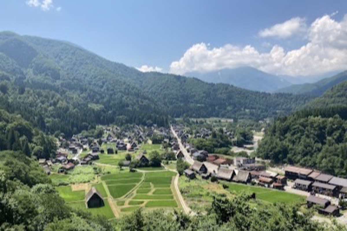Panoramic view of Shirakawa-go thatched-roof village from Shiroyama Observation Deck with mountains behind