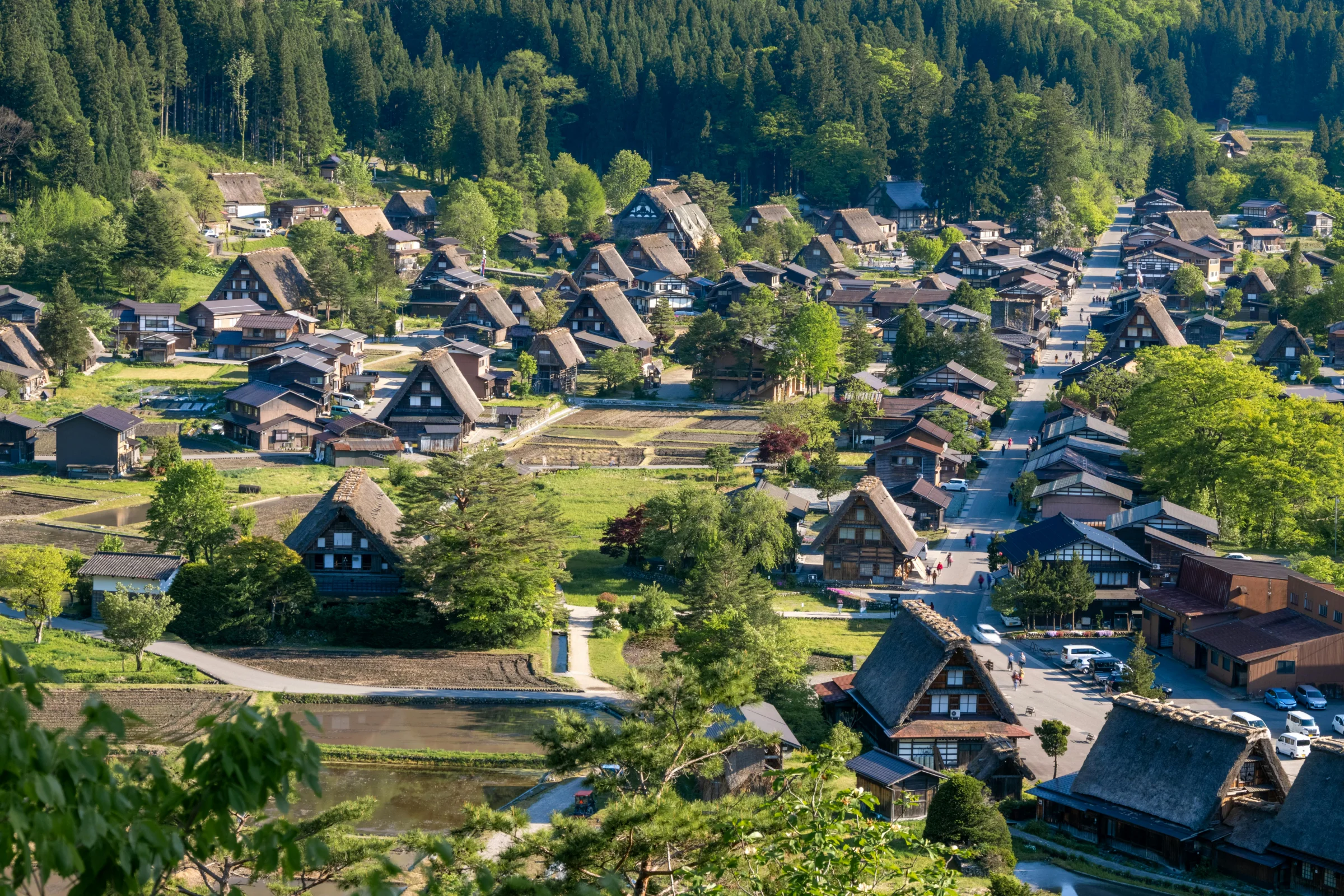 Panoramic view of Shirakawa-go's traditional gassho-zukuri houses in Ogimachi, Japan