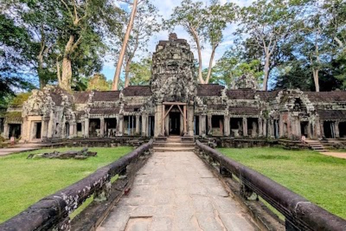 Giant strangler fig roots engulfing the ruins of Ta Prohm temple