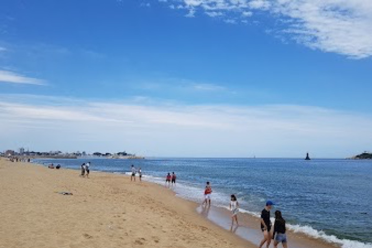 Sokcho Beach white sand shoreline with pine-covered cliffs and Seoraksan mountain silhouette along the East Sea