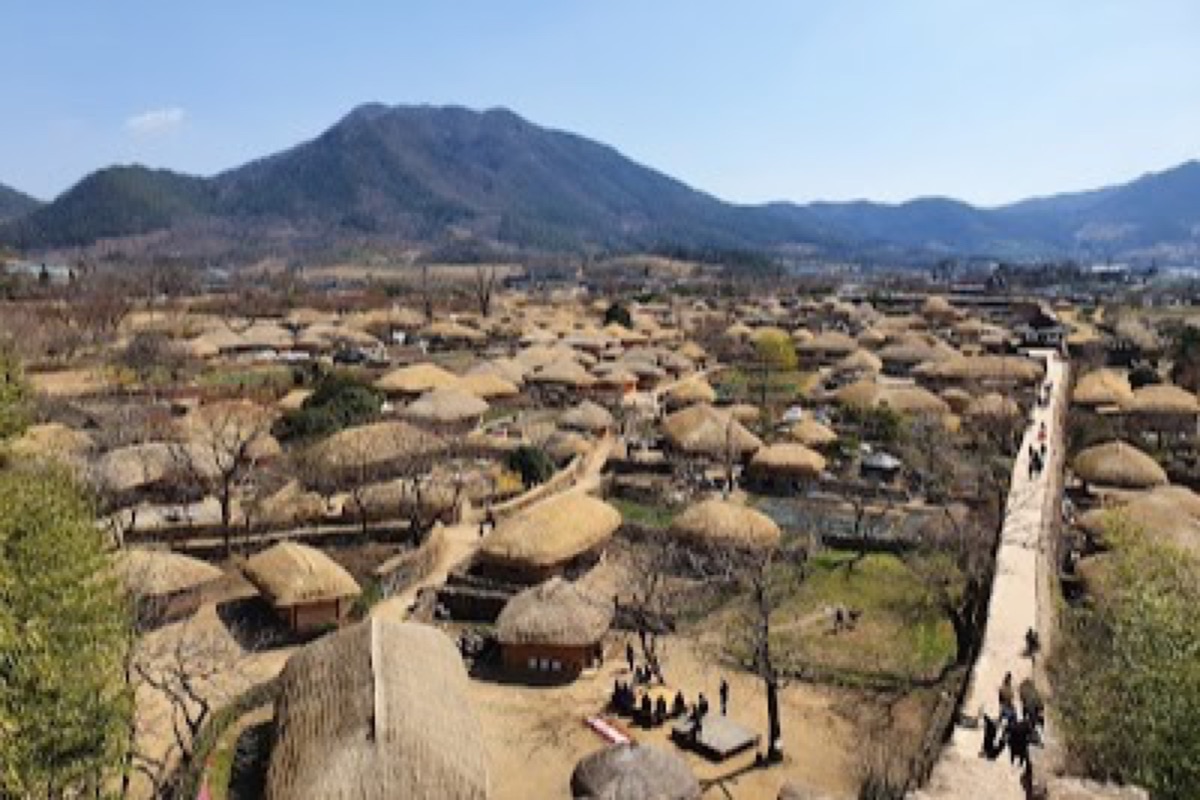 Naganeupseong Folk Village thatched-roof hanok houses and fortress walls surrounded by rice paddies in Suncheon
