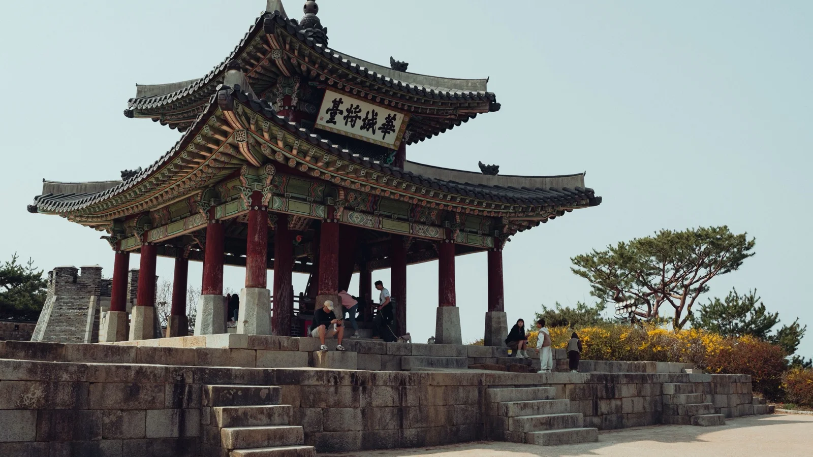 Hwaseong Fortress stone ramparts and hillside pavilions with spring cherry blossoms in Suwon
