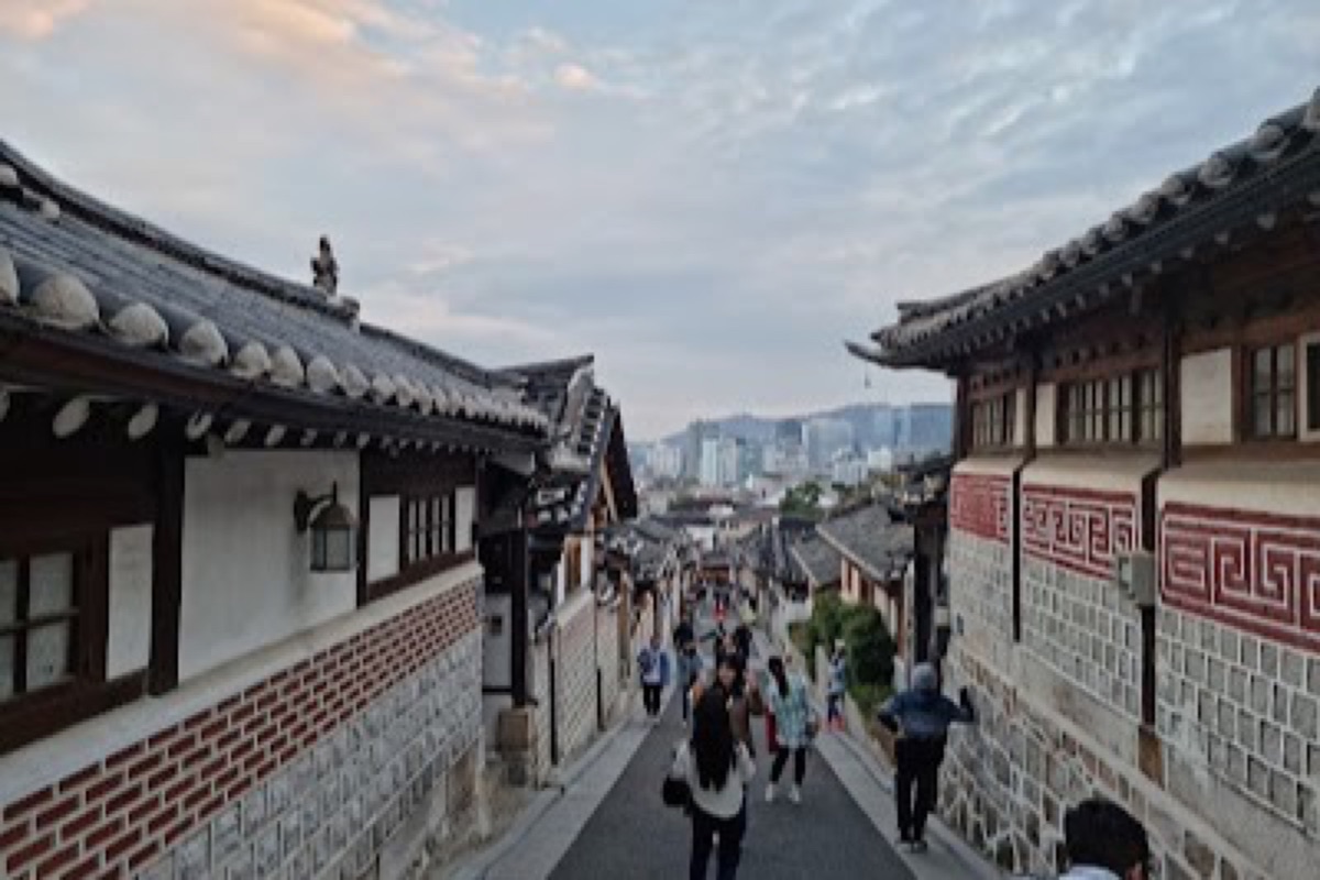 Bukchon Hanok Village traditional hanok roofs and stone alleys between palaces in Seoul
