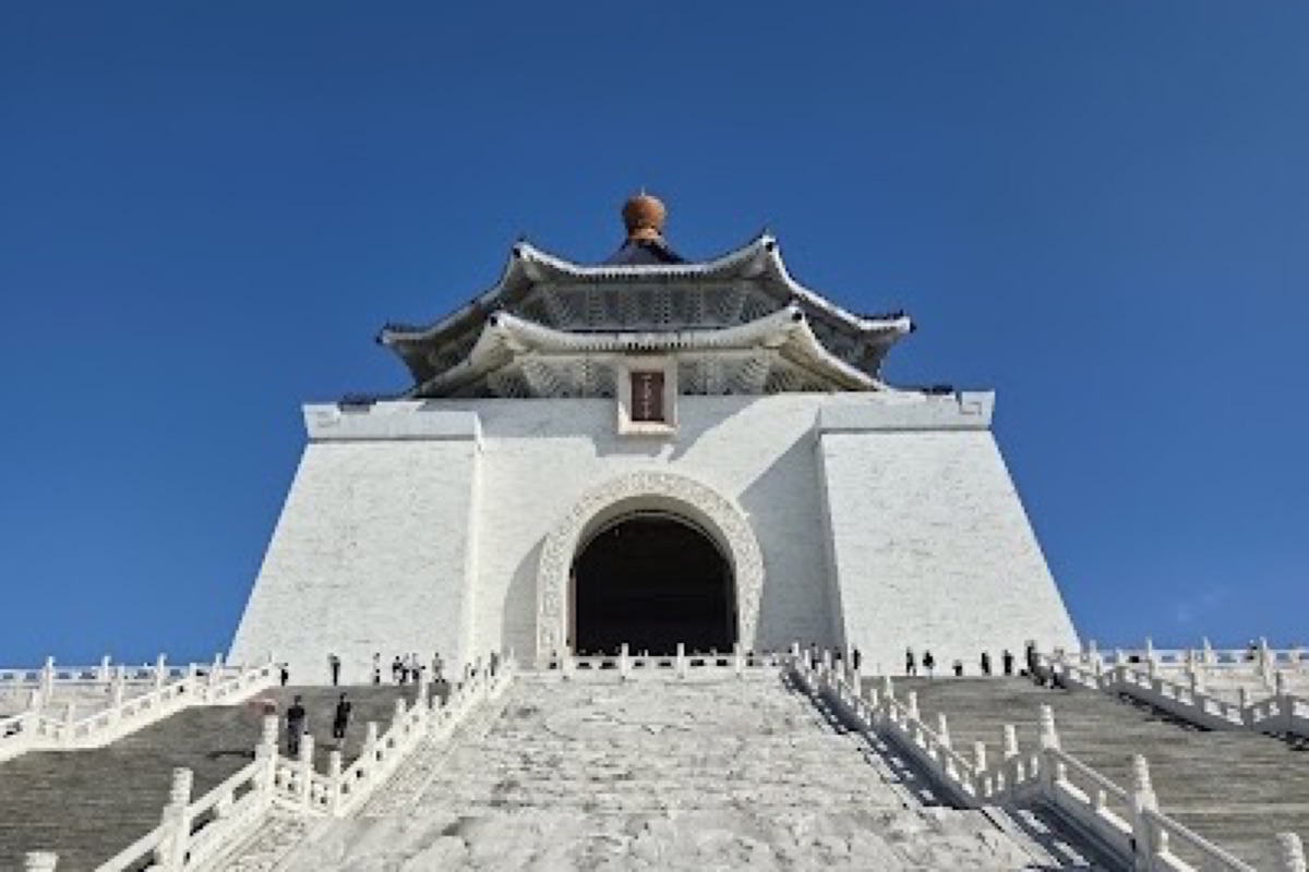 Chiang Kai-shek Memorial Hall framed by Liberty Square plaza and reflecting pools on a clear morning