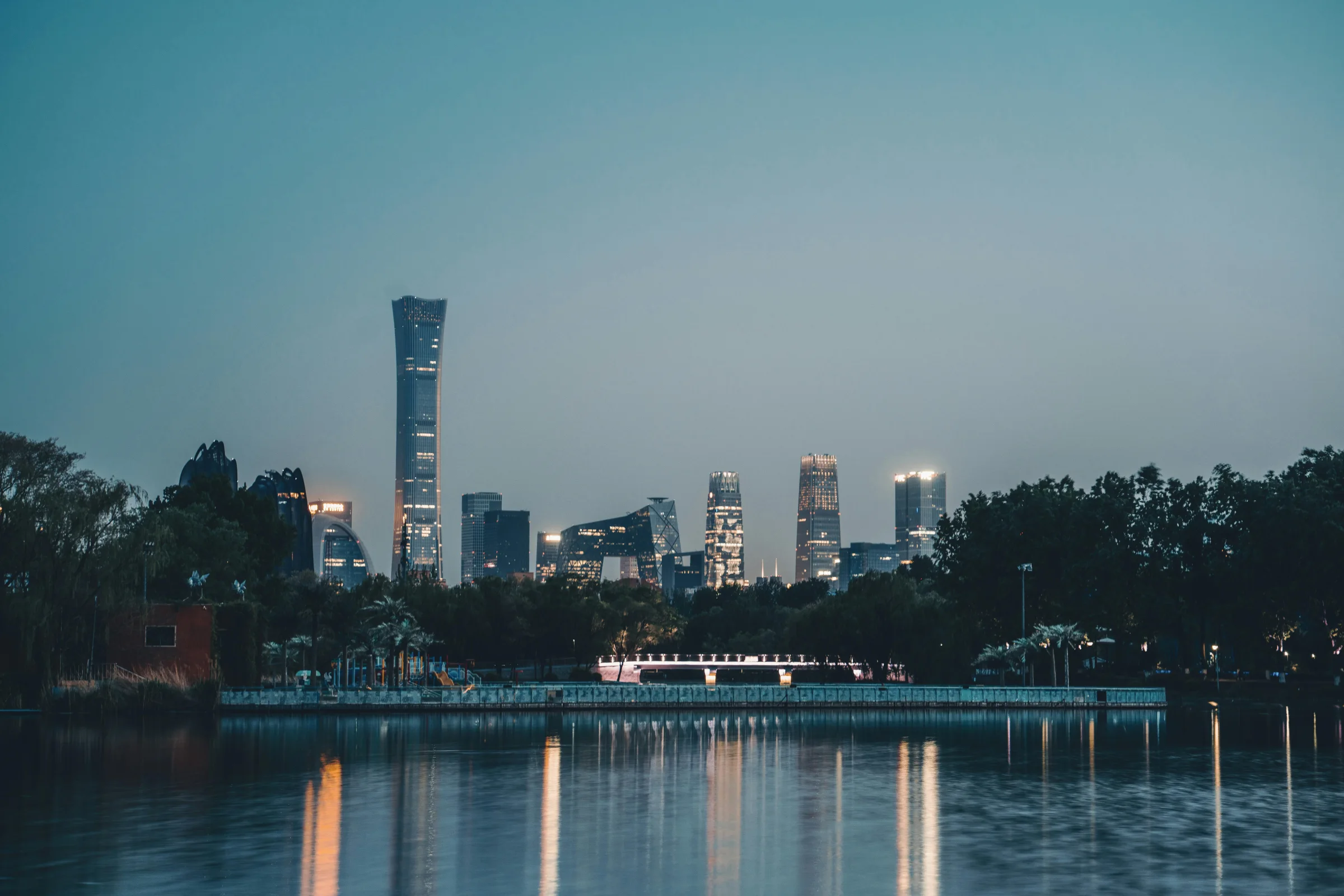 Dusk skyline view of Taiyuan city, Shanxi, China with modern buildings and lights