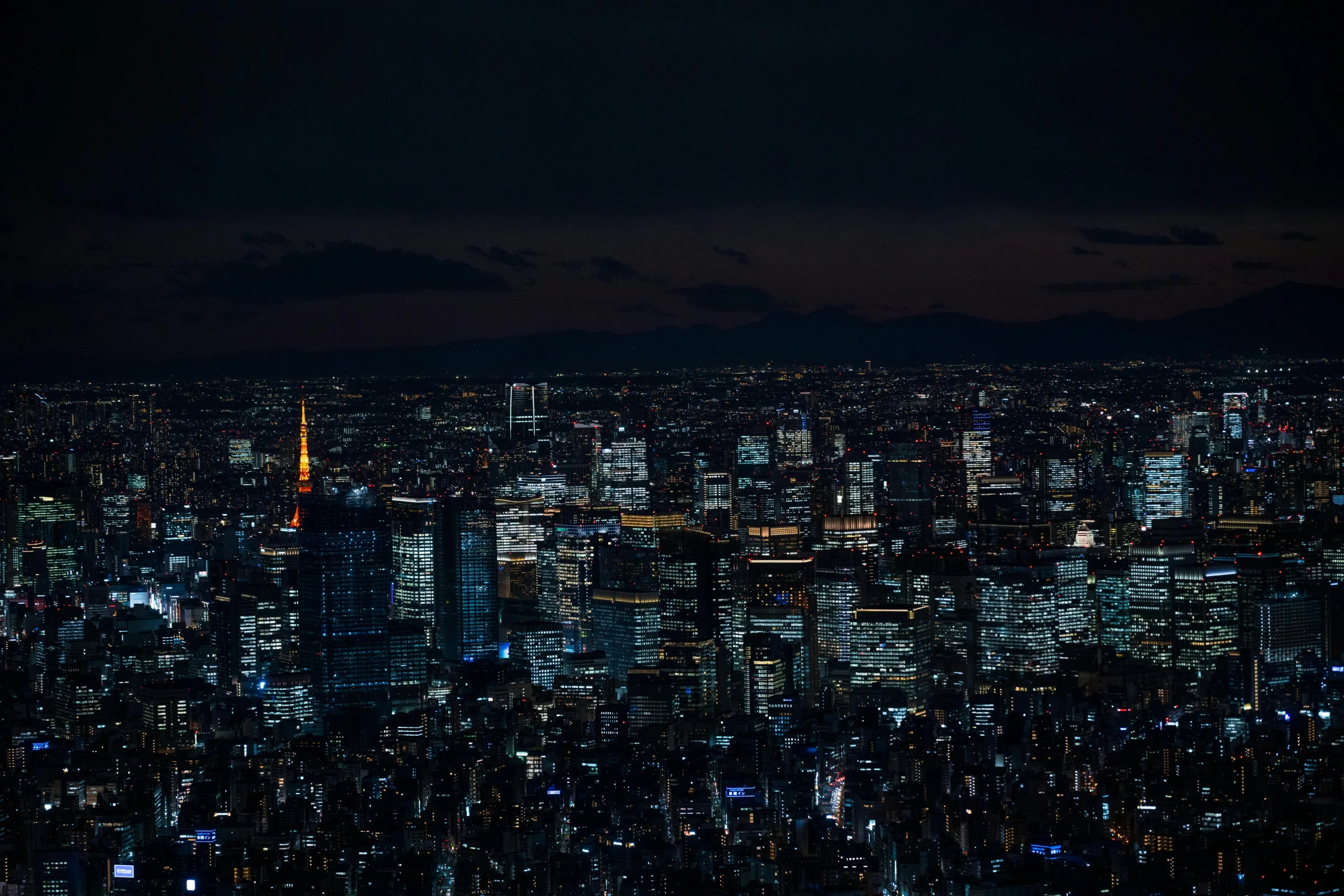 Tokyo skyline at night with Tokyo Tower illuminated above the city lights
