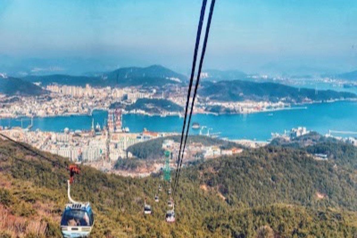 Hallyeosudo Cable Car ascending Mireuksan with panoramic views of scattered islands across Hallyeohaesang National Park