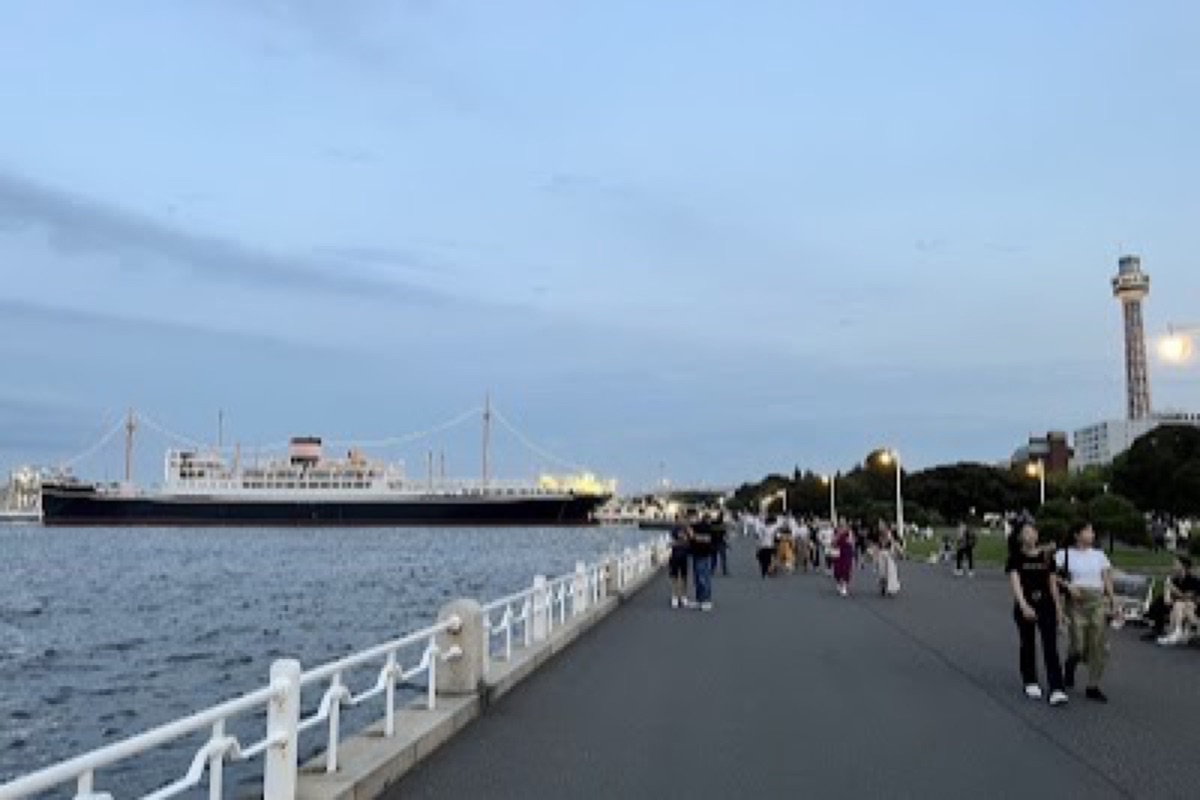 Yamashita Park waterfront promenade with spring greenery